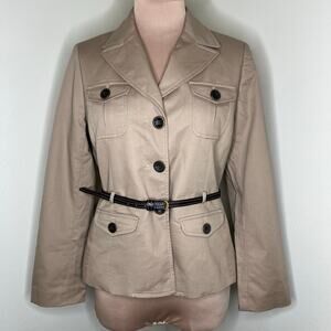 Ann Taylor LOFT Belted Jacket Medium Petite Womens Safari Utility Cargo Khaki